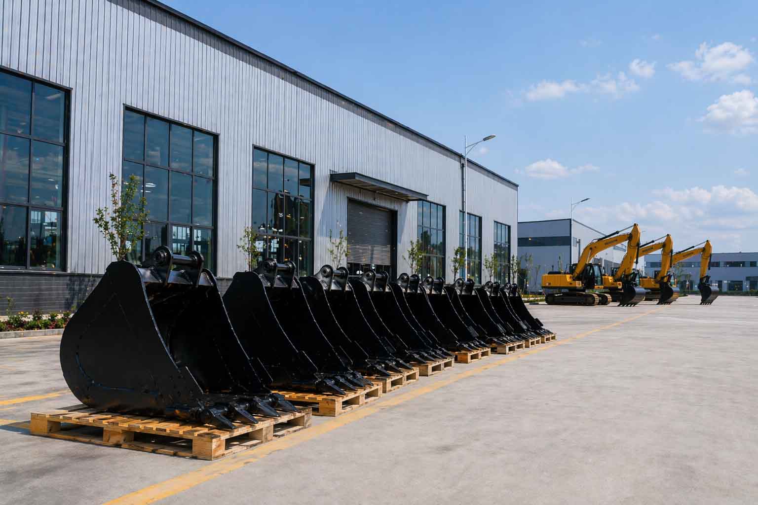 excavator buckets on matching wooden pallets beside a modern factory