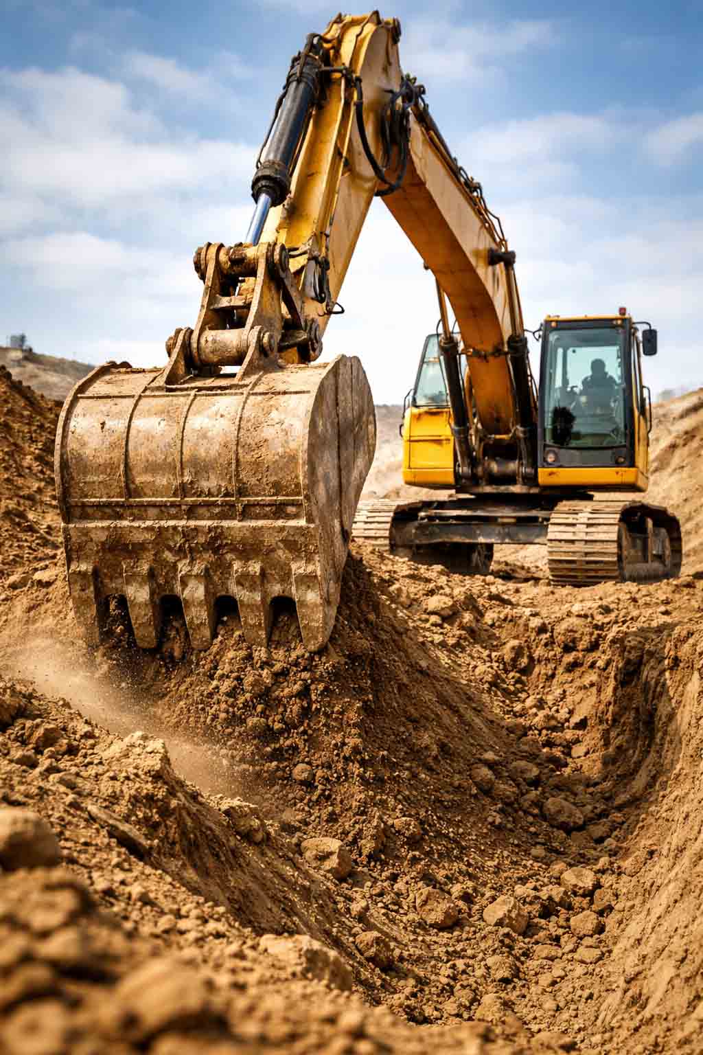 Excavator on an active jobsite representing trenching, digging, clean-up, and rebuild-related applications