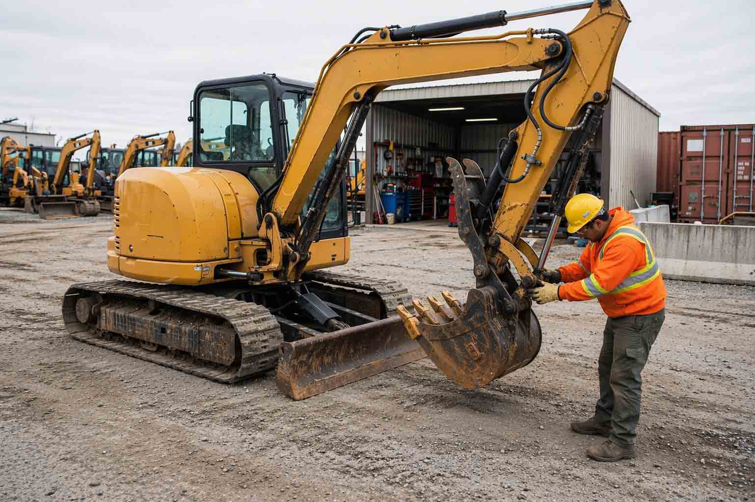 Inspection of a worn bucket section on a mid-size excavator, focusing on connected wear areas that may need repair review