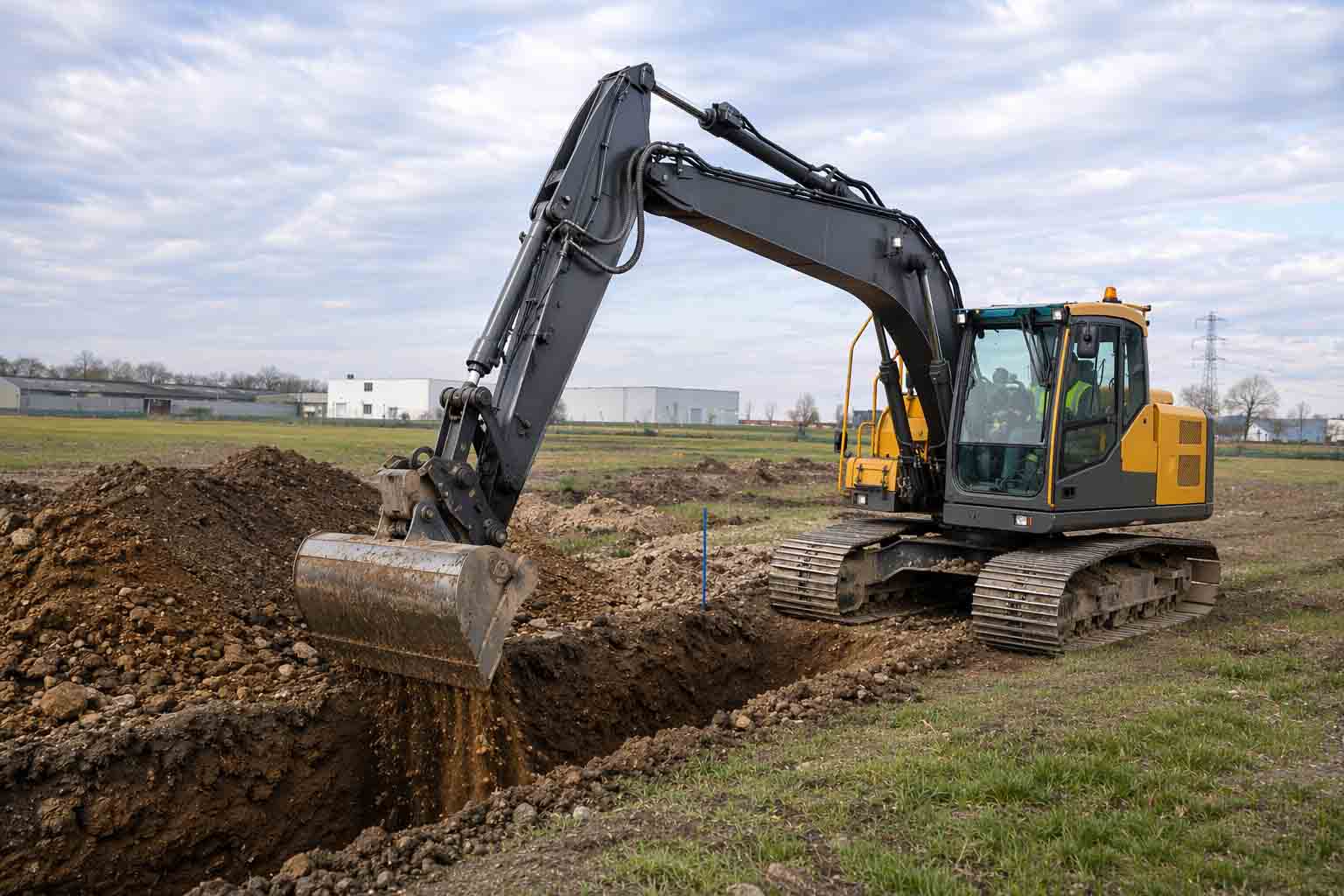 Mid-size excavator using a narrow trenching bucket for cable trenching work.