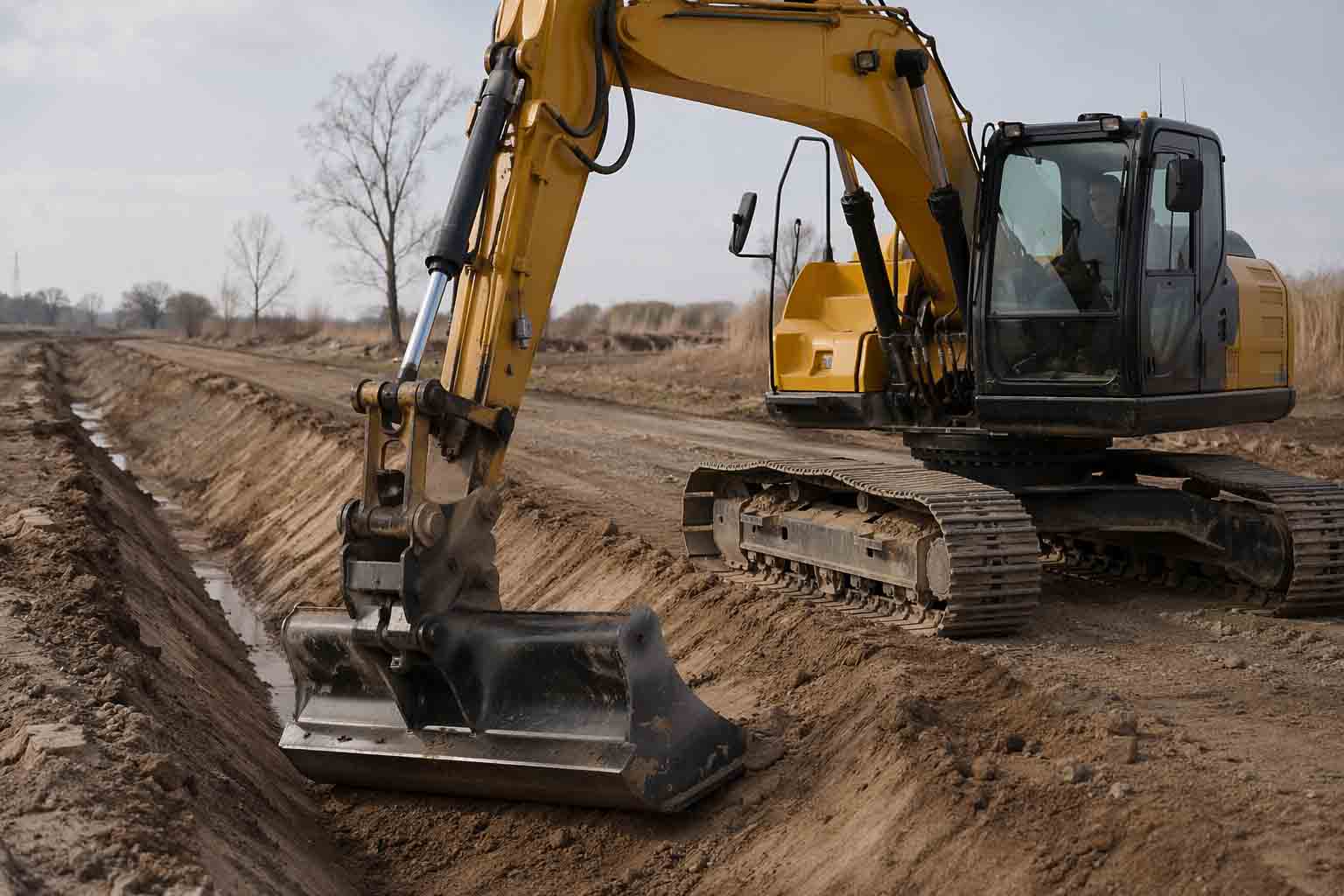 excavator using a grading bucket to shape and refine an open ditch
