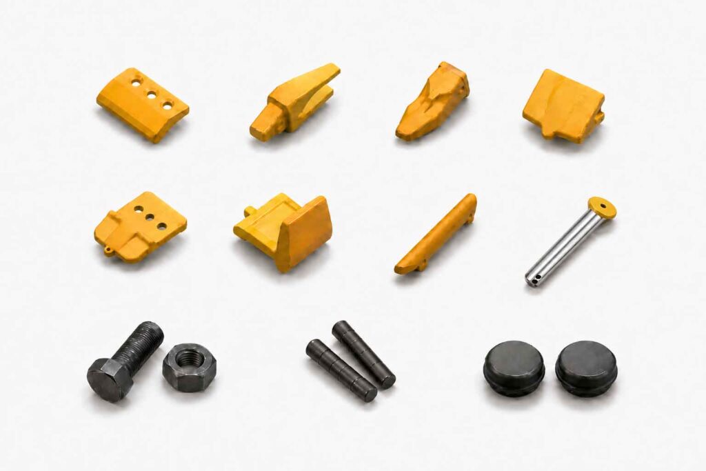 Excavator bucket wear parts including teeth, adapters, pins, and bushes