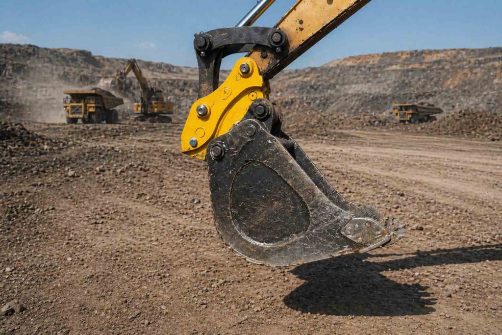 An excavator working on site with a mechanical quick coupler fitted to the bucket setup