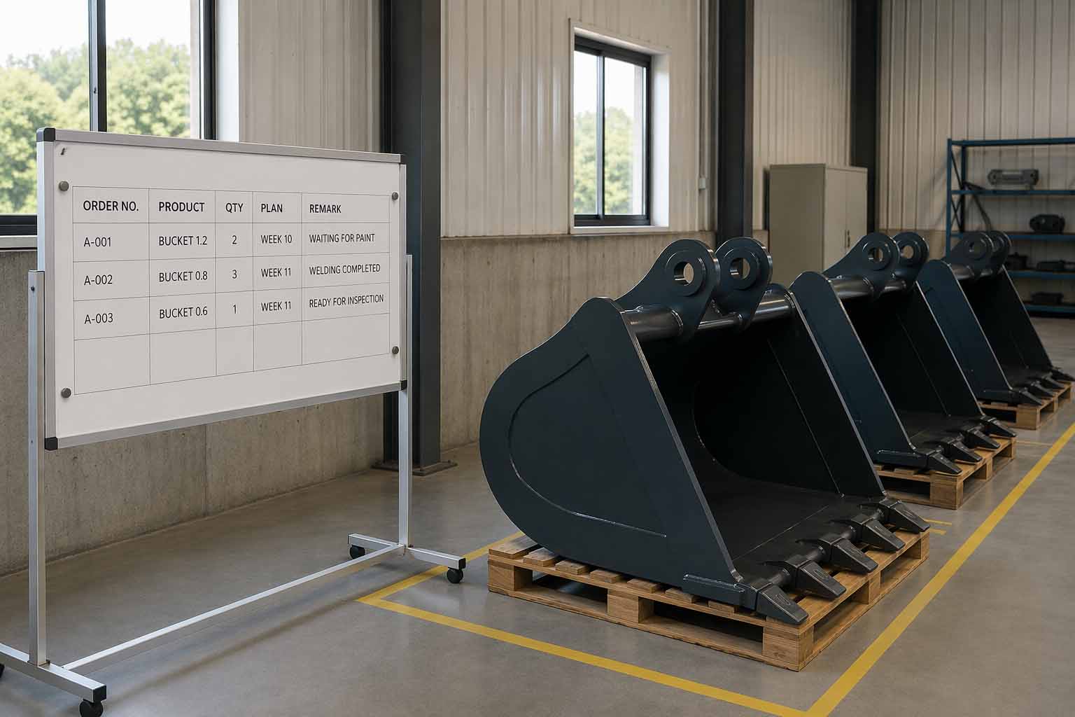 Worker confirming production details for excavator buckets in a clean and organized factory workshop