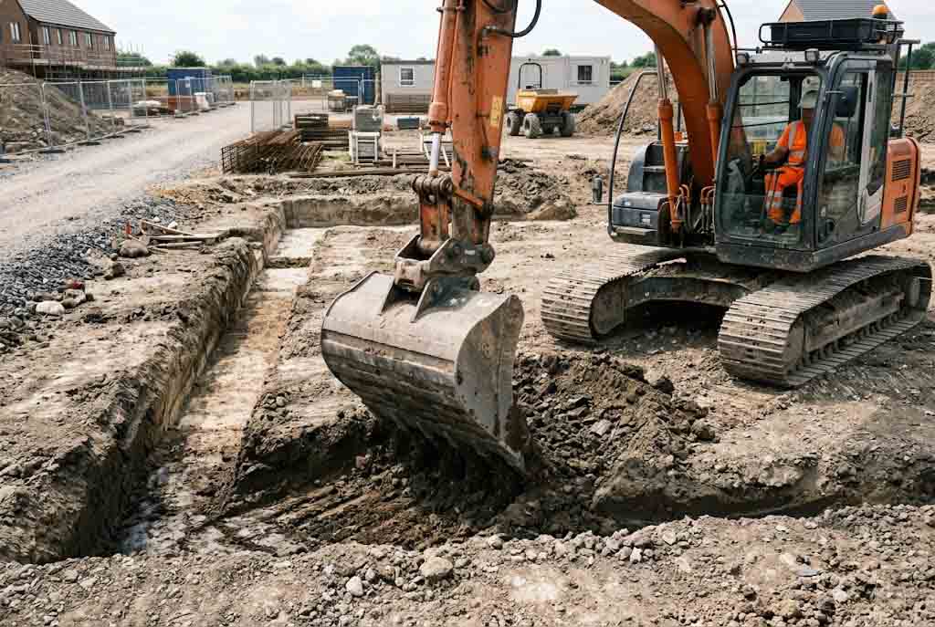 A mid-size excavator removes soil for base preparation and footing-area excavation with a standard digging bucket