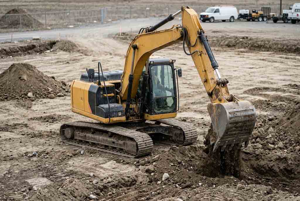 Routine excavation underway with a mid-size excavator fitted with a standard digging bucket