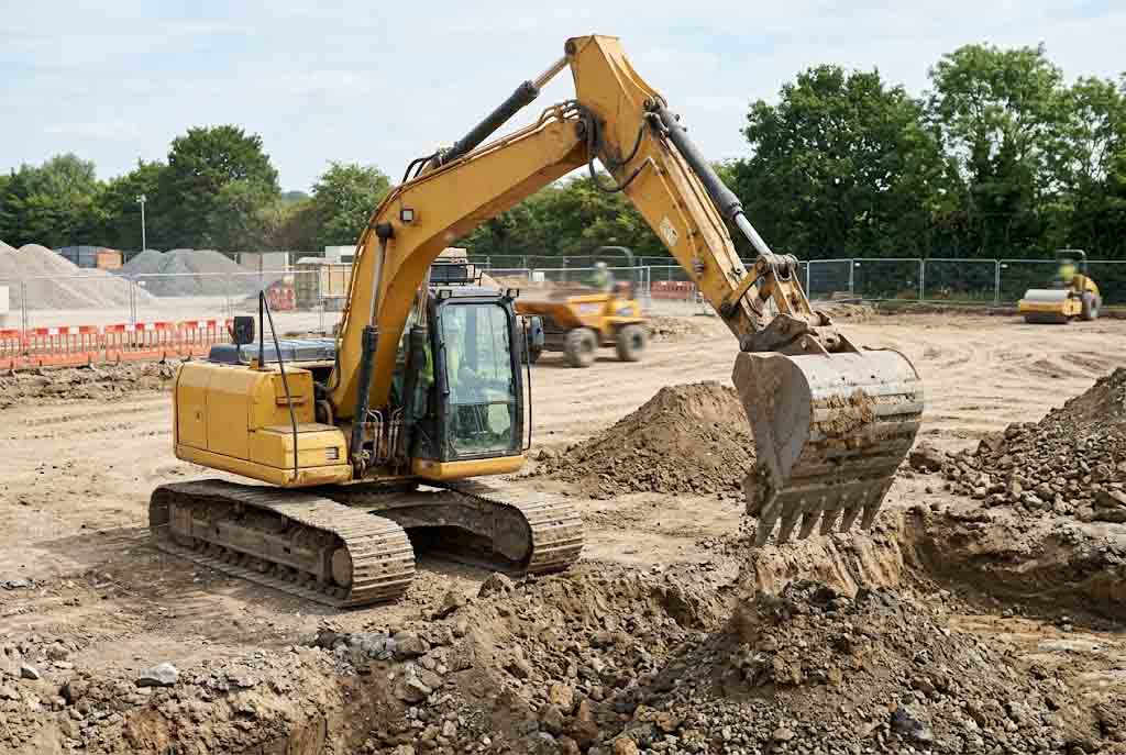 Loose soil and mixed fill being moved as part of active digging work with a standard digging bucket