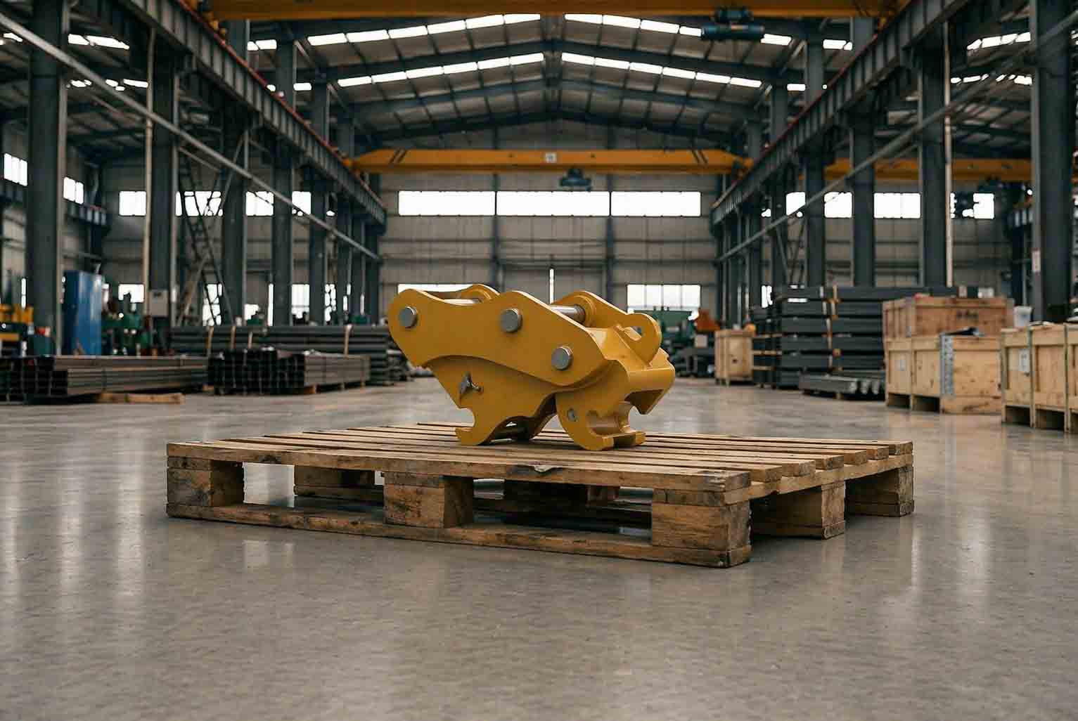 Set on a wooden pallet in a real factory interior, the mechanical quick coupler shows the solid structure used for bucket changeover and fitment review
