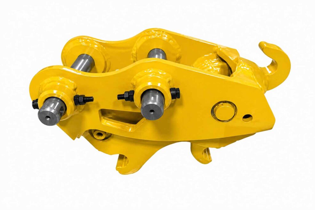 Side view of a mechanical quick coupler for excavator bucket changeover