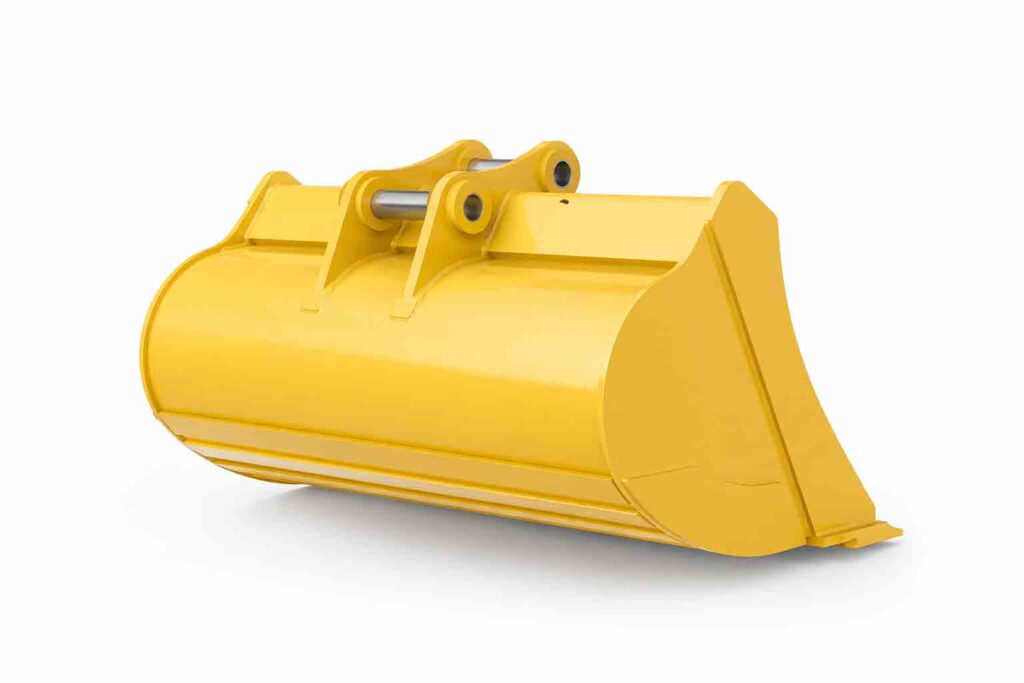 The rear three-quarter view brings out the back structure, mounting section, and overall build of the standard digging bucket
