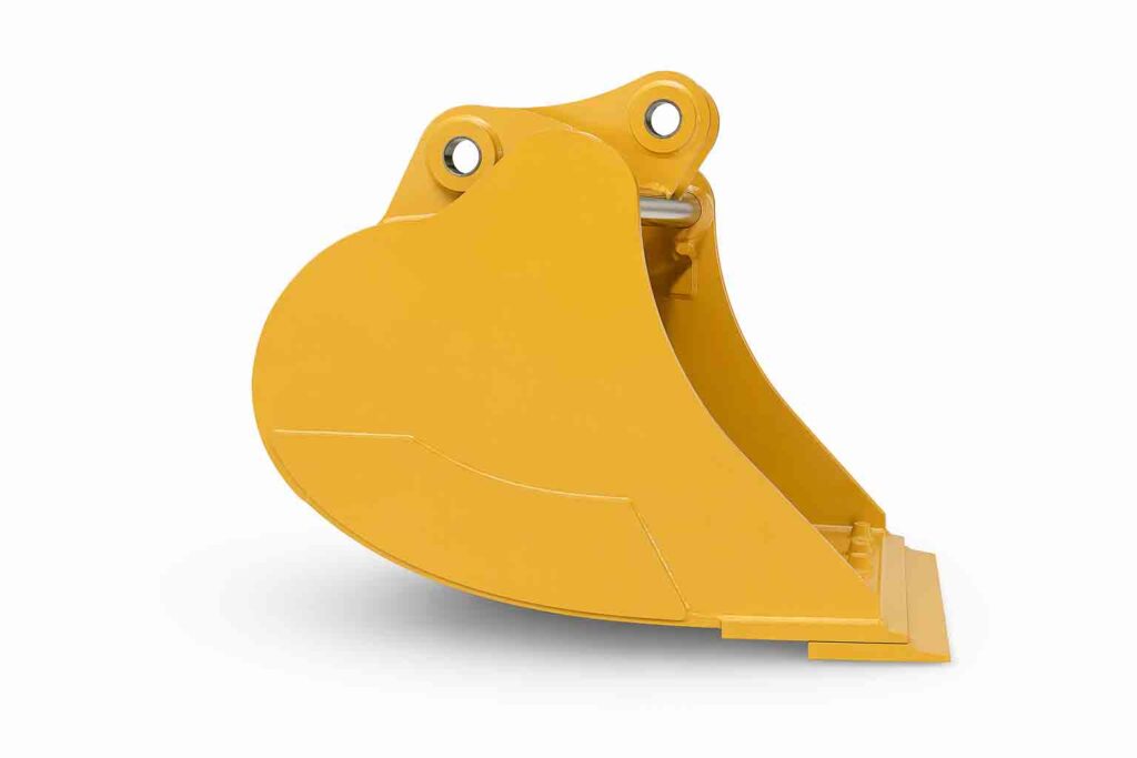 Seen in profile, the standard digging bucket shows the depth and side shape expected for 6–15T excavation work