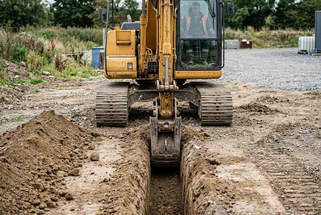 Narrow trenching bucket used for cable runs and utility trench work