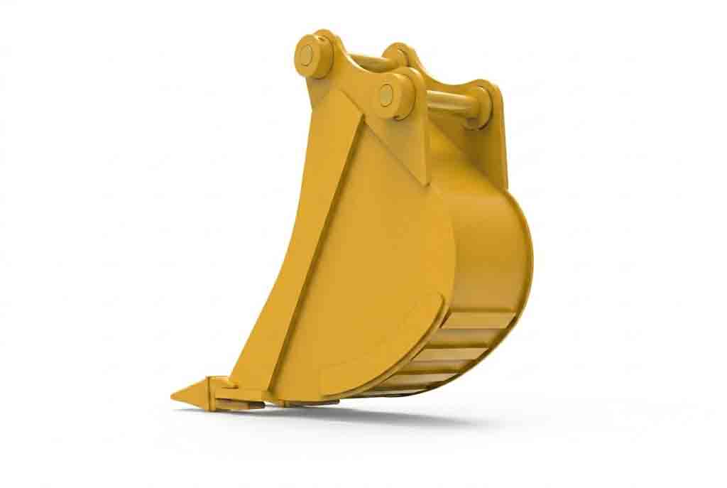 Rear three-quarter angle revealing the back structure and mounting area of the mini trenching bucket