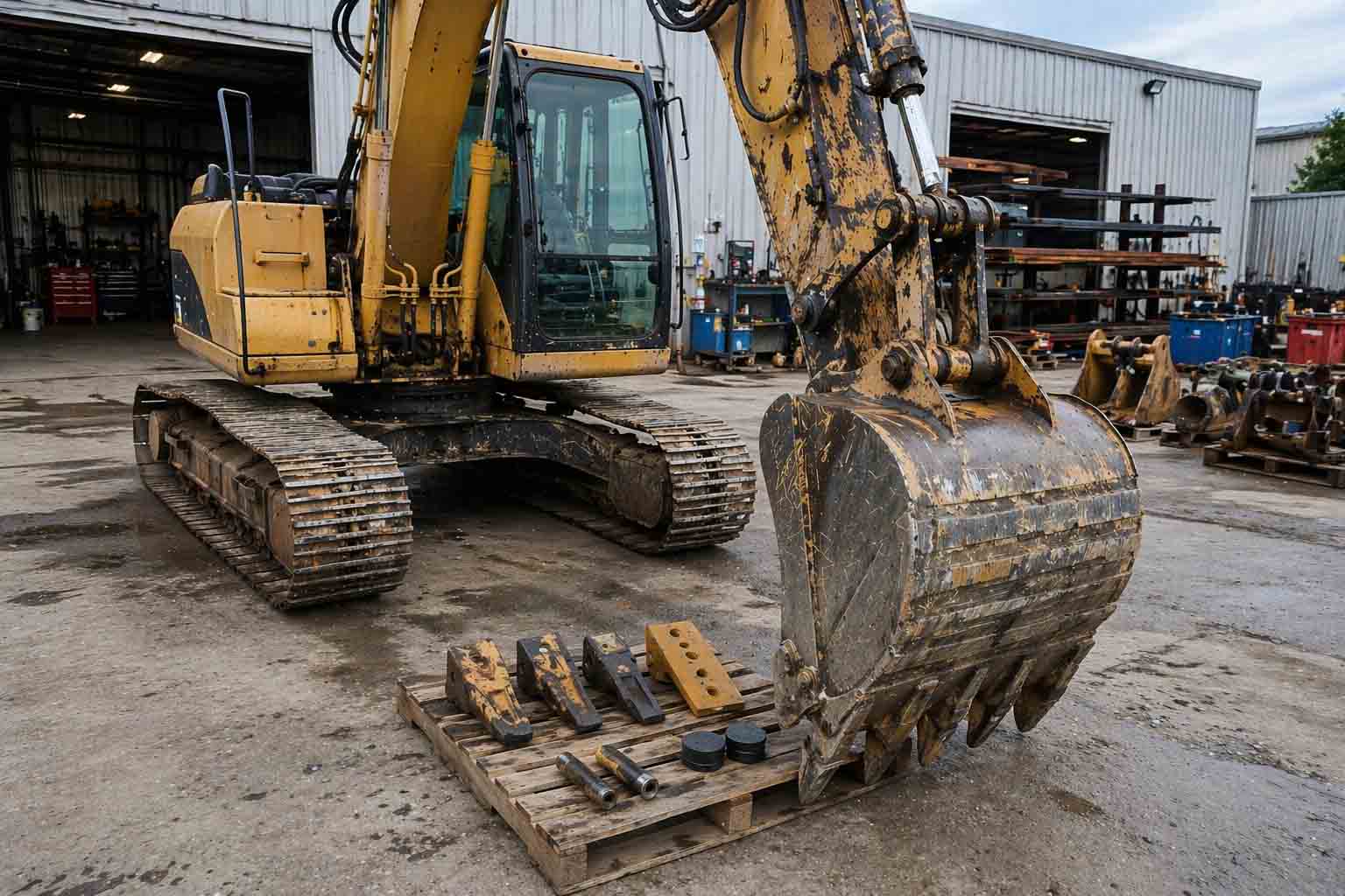Multiple worn bucket areas and grouped replacement parts indicate a broader rebuild-related follow-up for this excavator bucket