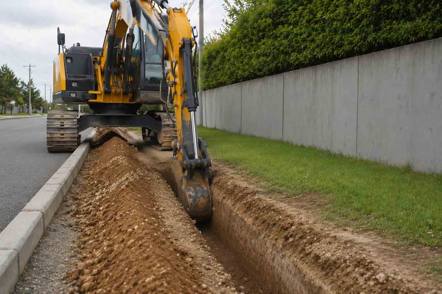 excavator using a narrow utility trenching bucket for controlled utility trenching work