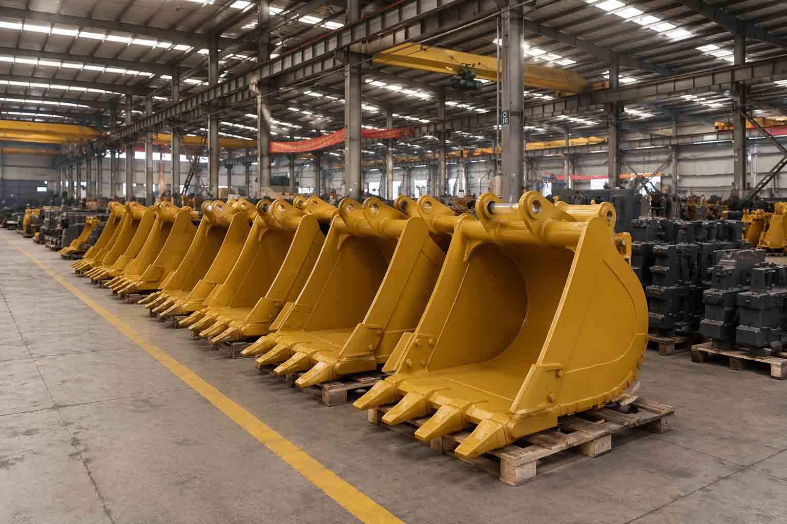 Rows of excavator buckets arranged inside the factory for production and inspection.