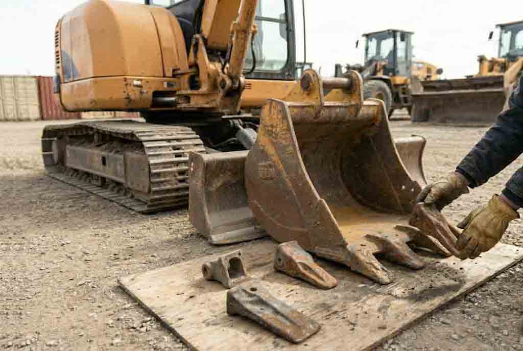 A mid-size excavator bucket positioned for part matching, with old reference parts or removed components used to confirm fit