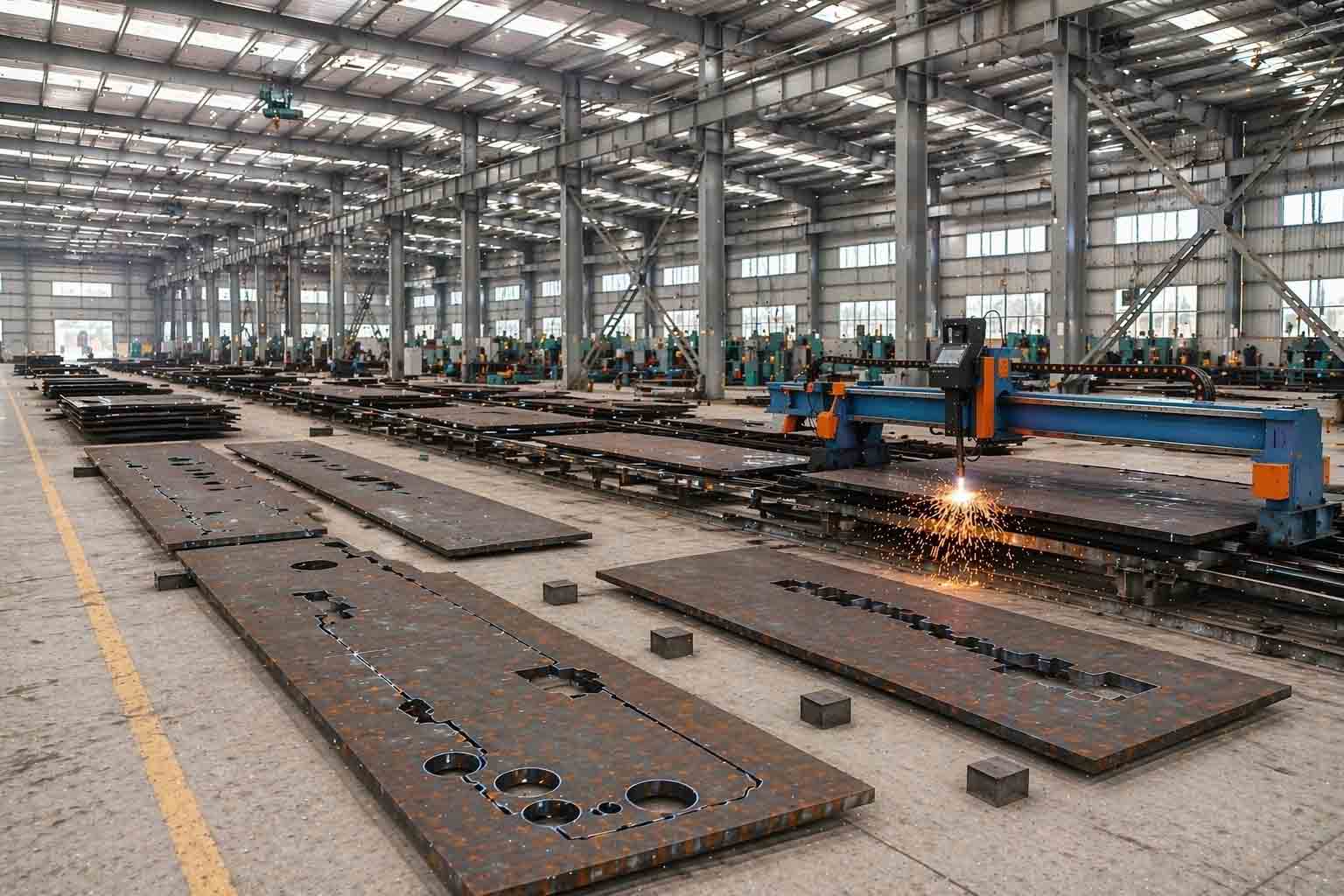 Steel plates being cut to size for excavator bucket fabrication