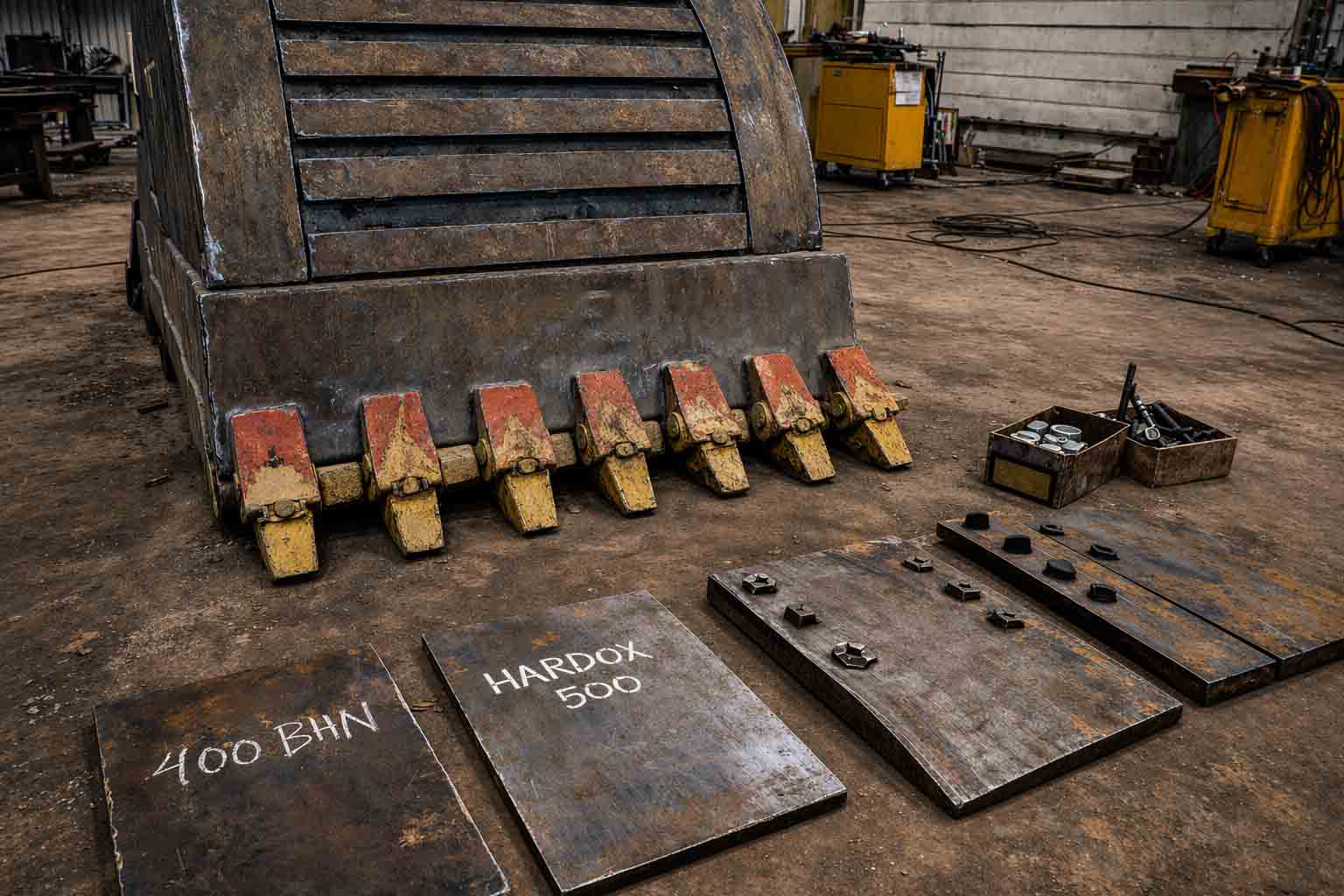Steel plates and raw materials prepared for excavator bucket manufacturing