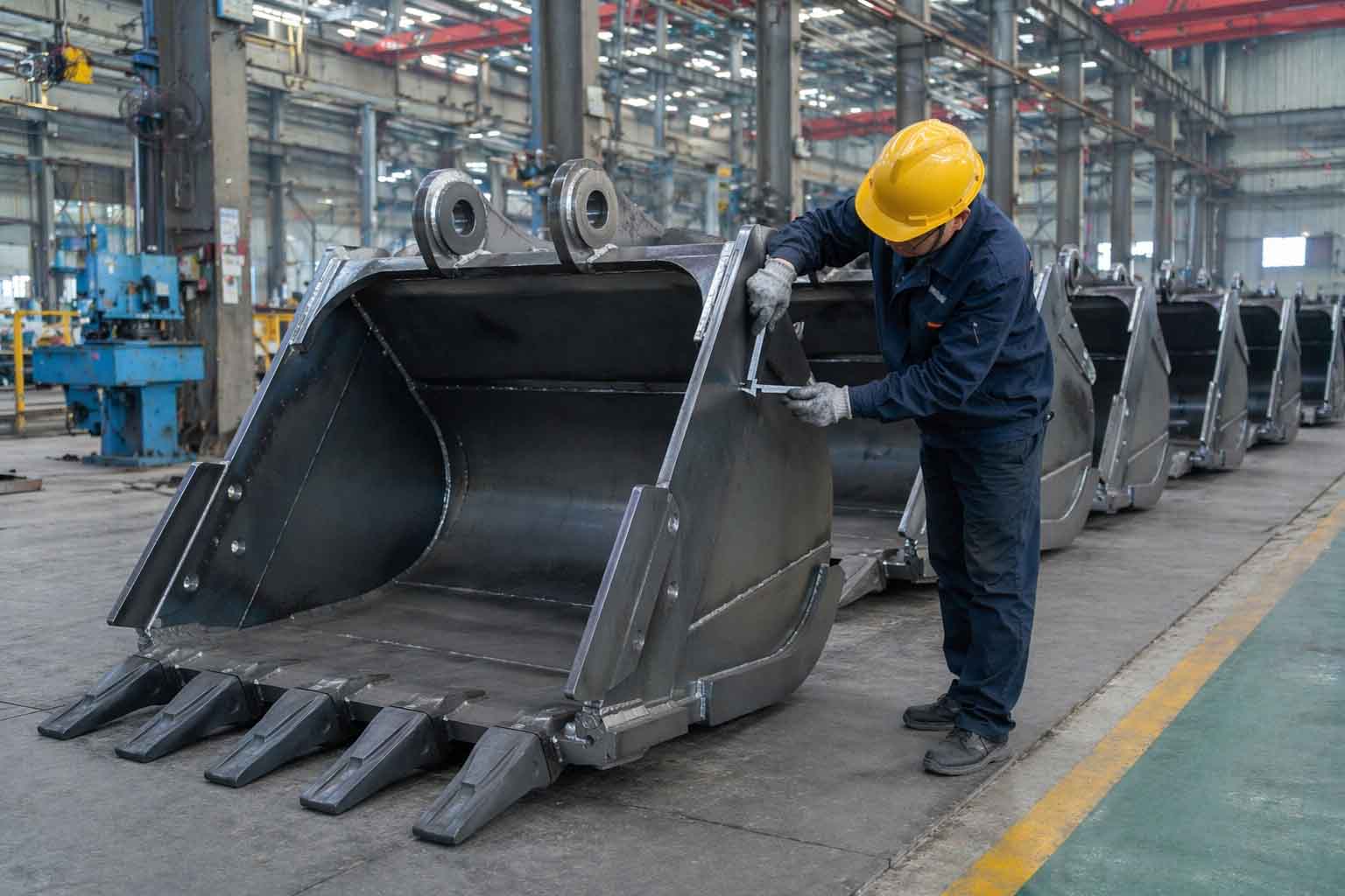 Final inspection and quality check of excavator buckets before shipment