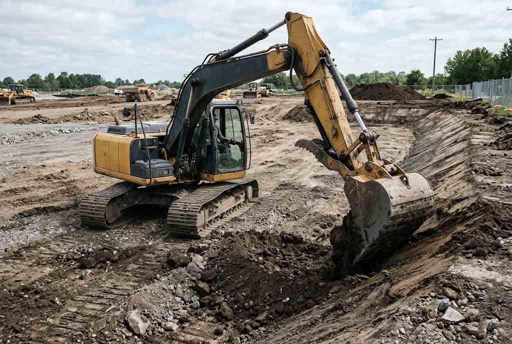 Ground opening and rough site preparation carried out by a mid-size excavator using a standard digging bucket
