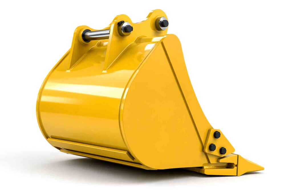 The rear three-quarter view brings out the back structure, mounting section, and overall build of the standard digging bucket