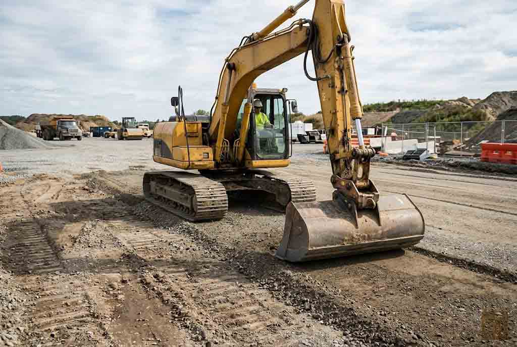 excavator using a grading bucket for broad surface grading and leveling work