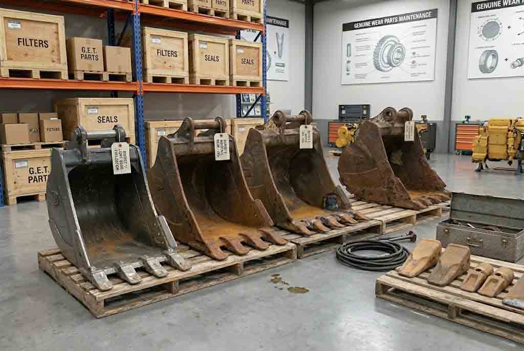 Worn bucket teeth and cutting edge areas shown in a warehouse during a wear part replacement review.