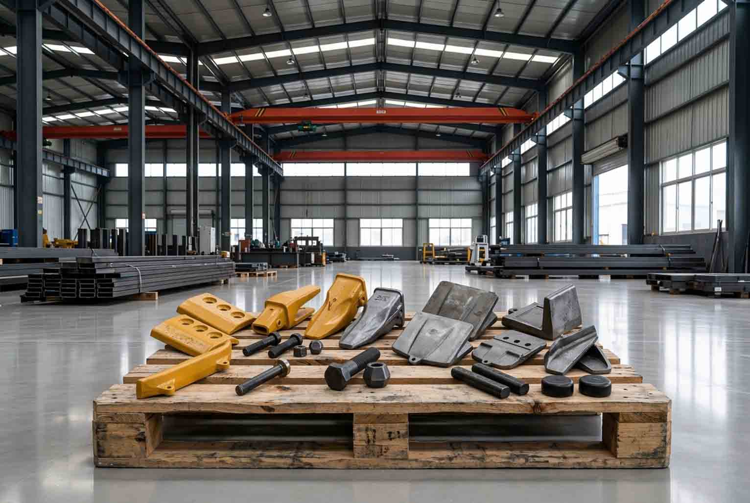 Grouped teeth, adapters, and small mixed wear parts arranged on a wooden pallet inside a steel-frame factory