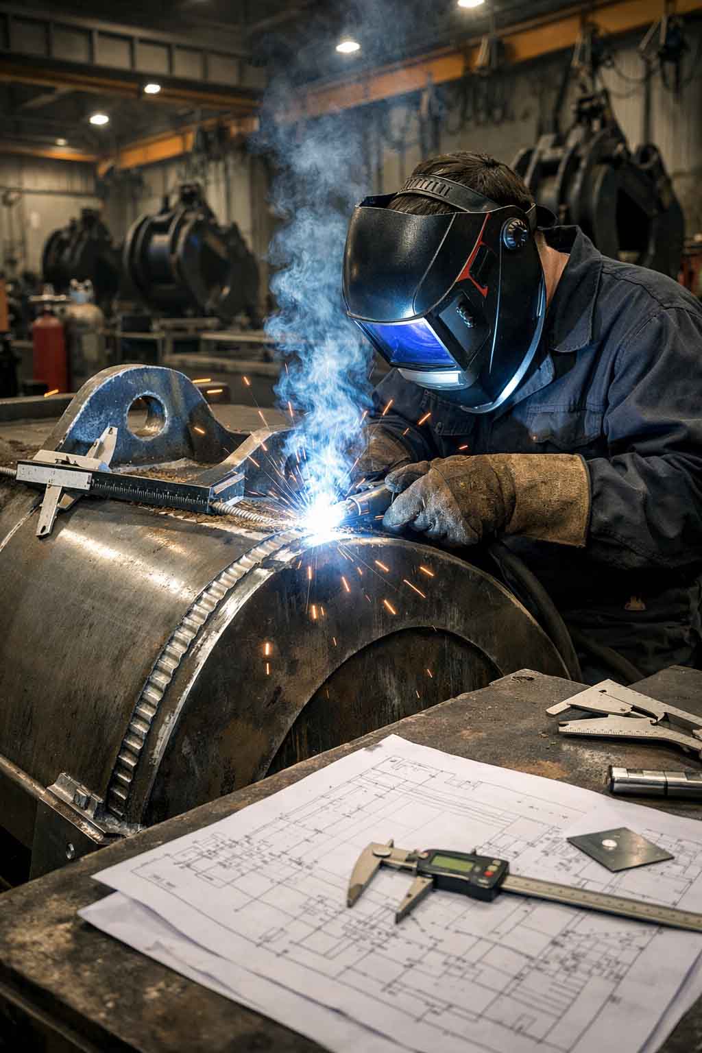 Excavator bucket factory with fabrication and product checks for B2B orders