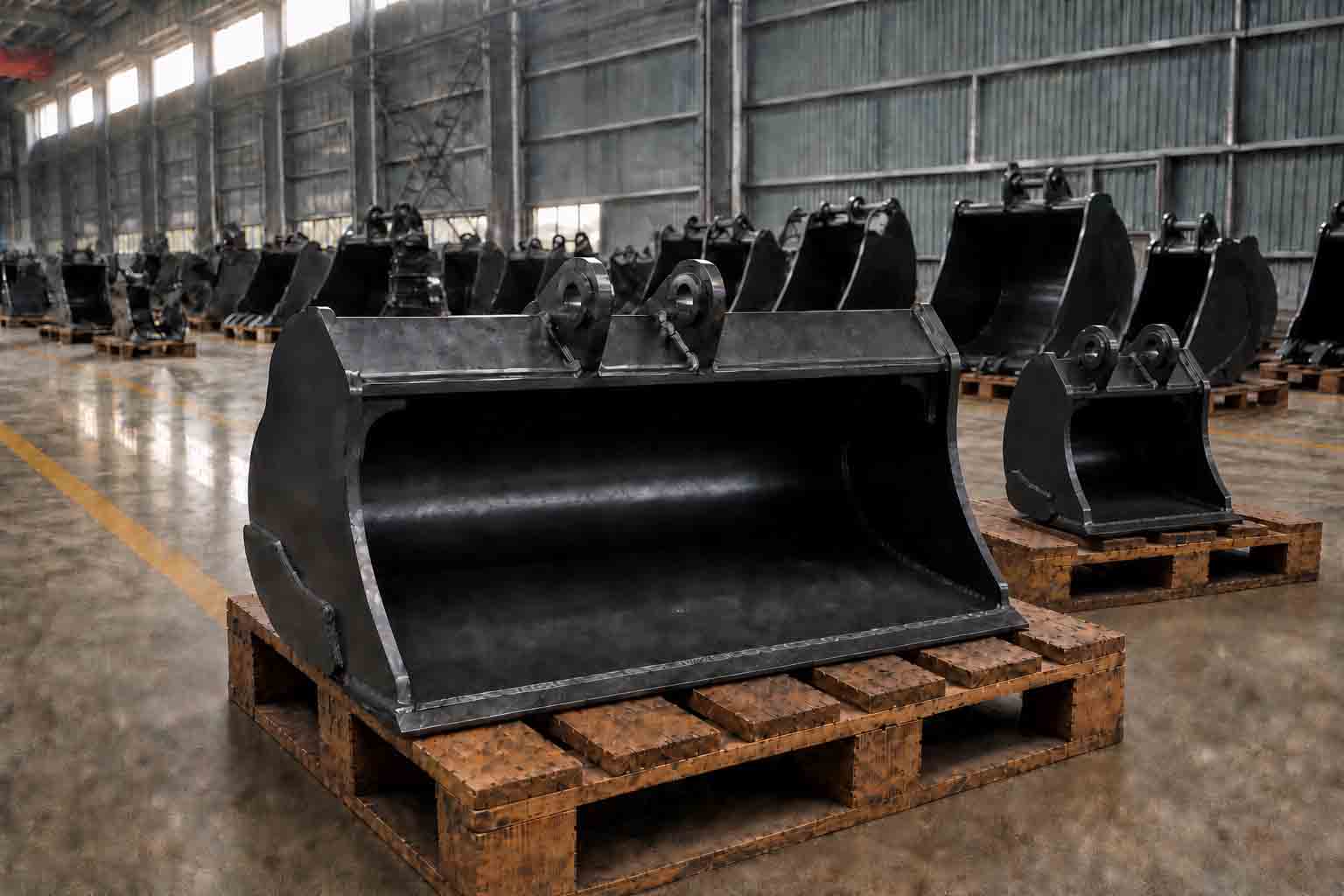 Different clean-up bucket widths prepared for grading and site finishing package review