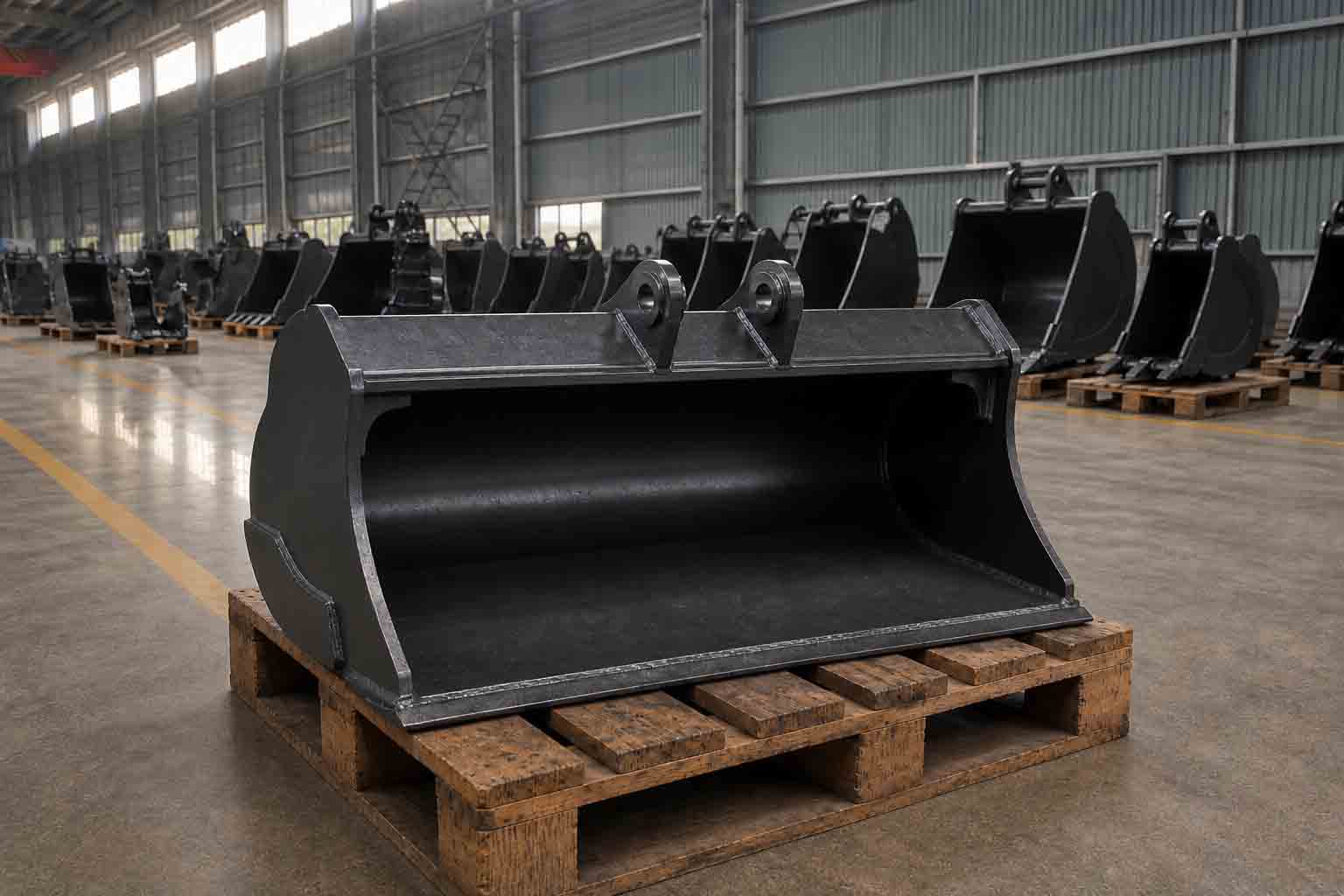 Wide bucket item used for grading, backfill, and clean-up package review