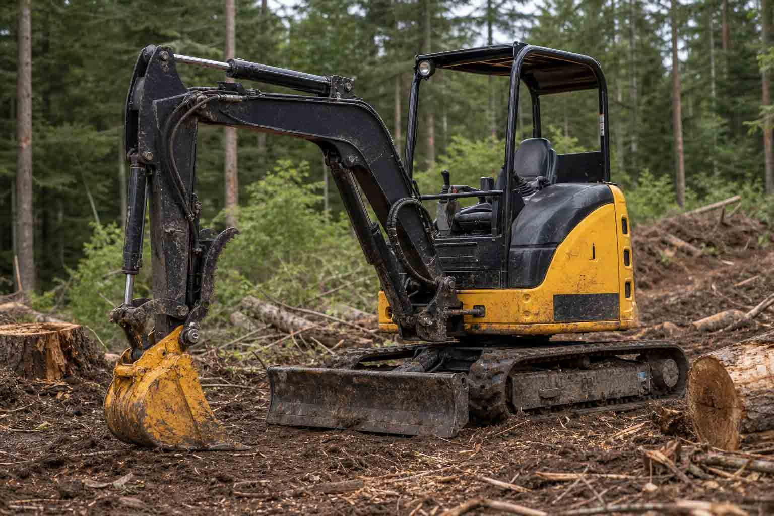 Mini excavator with bucket and mechanical thumb gripping rocks roots or debris during handling work