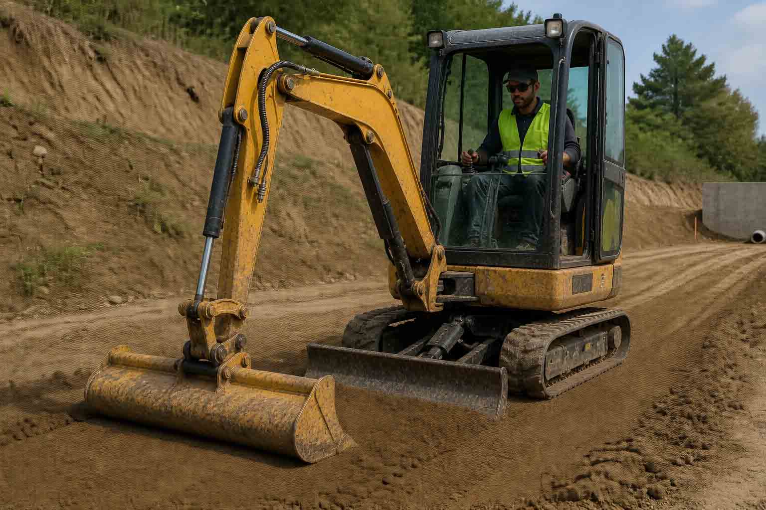 Mini excavator with a wide grading bucket leveling backfill and cleaning up the ground surface