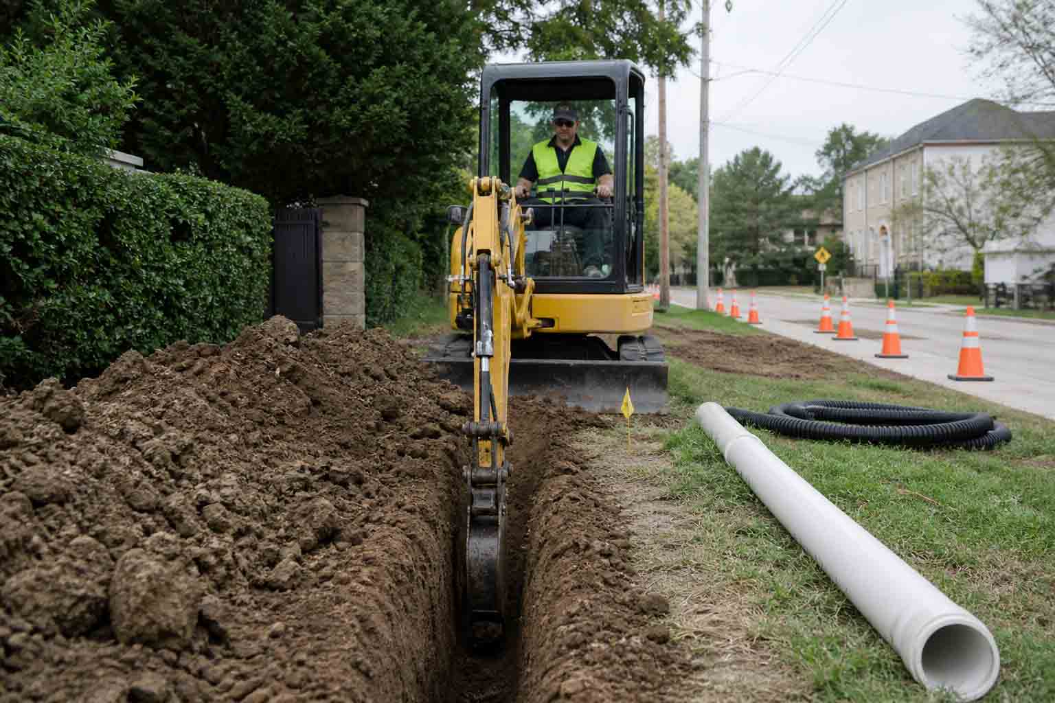2–5T mini excavator with a narrow trenching bucket digging a utility trench for drainage work