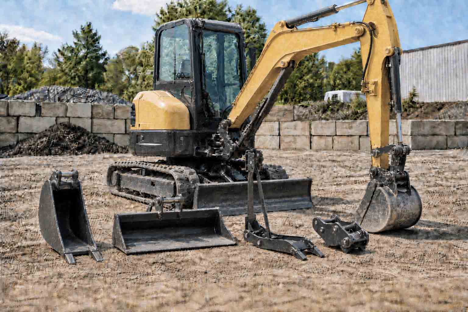Work-based mini excavator attachment package with trenching bucket, grading bucket, and bucket with mechanical thumb