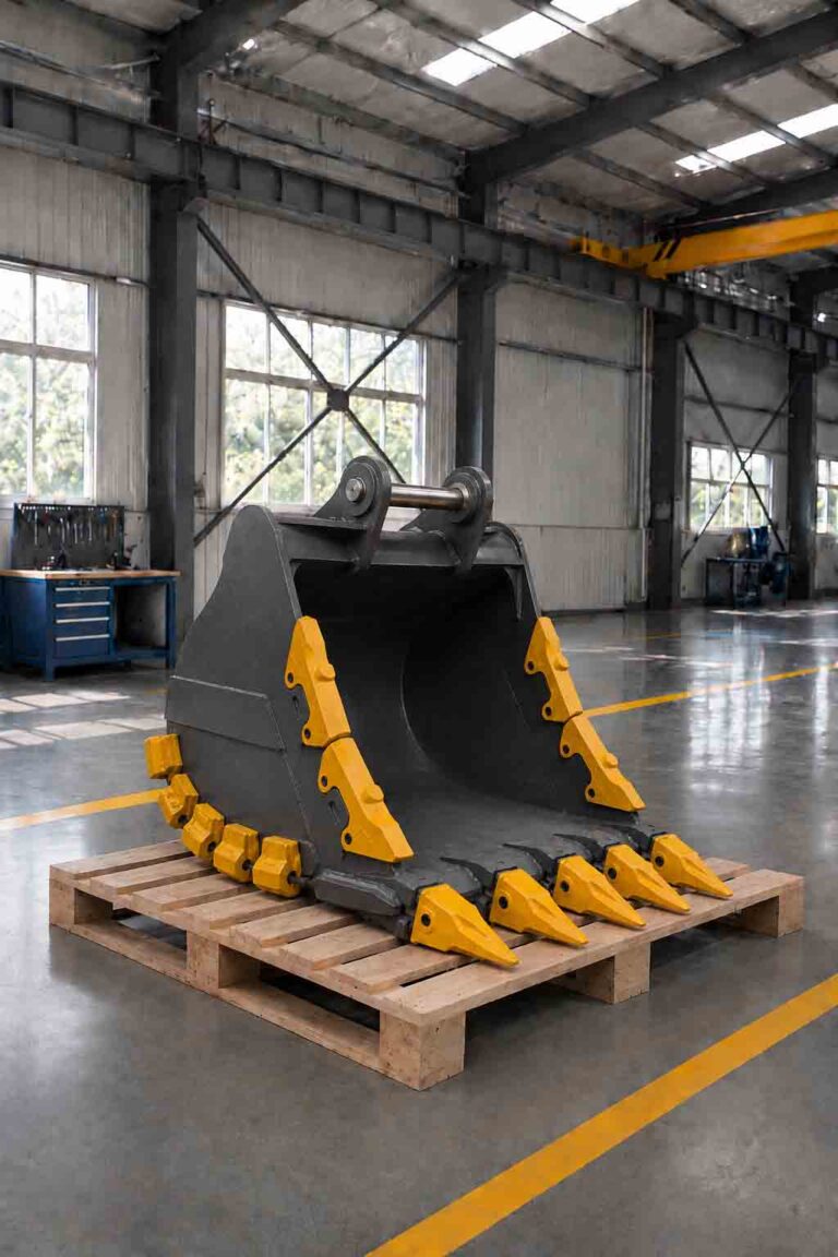 Worker preparing an excavator bucket for production in a clean factory workshop