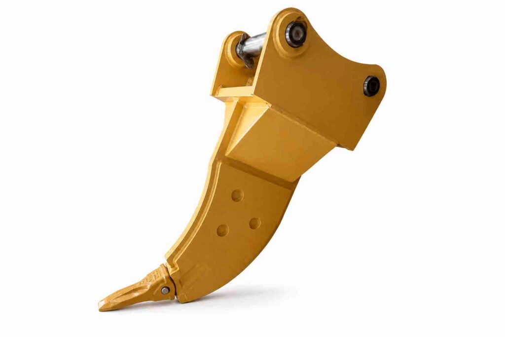 Front view of an excavator ripper attachment showing the shank and tooth alignment