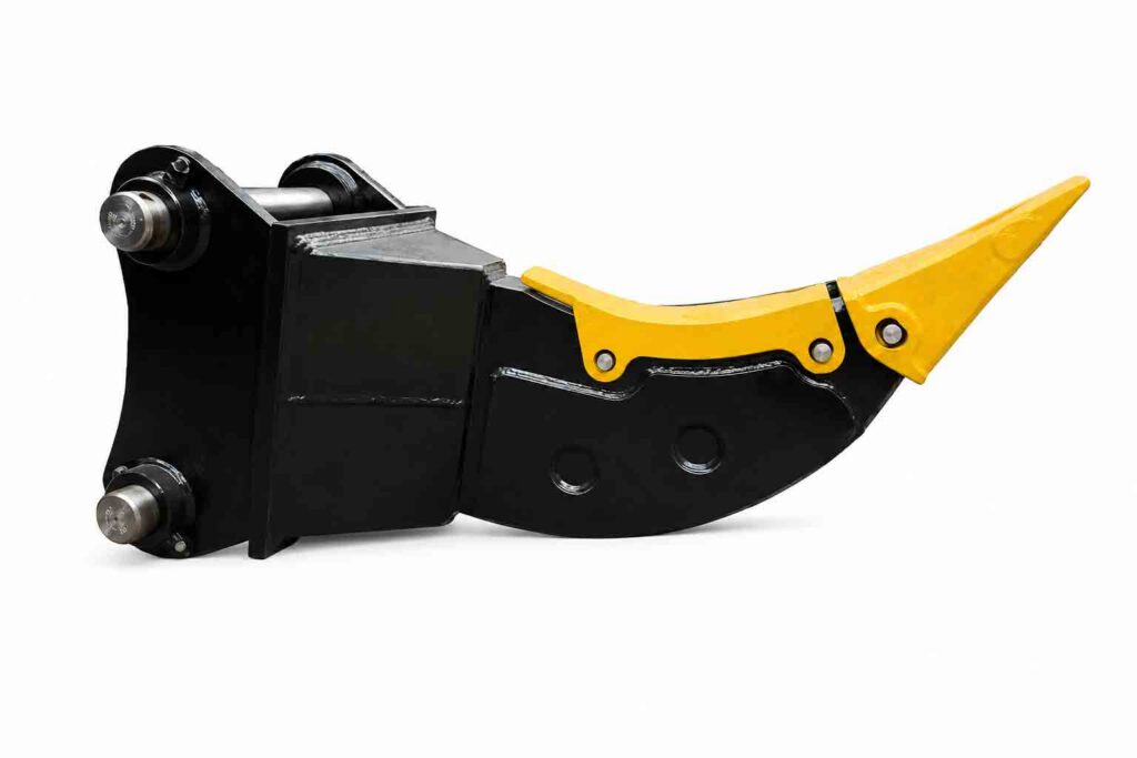 Side profile of an excavator ripper attachment for roots, stumps, and hard ground work