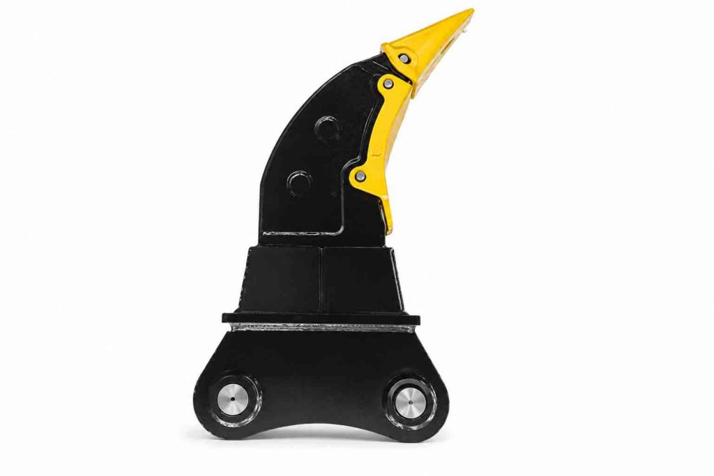 Upright view of an excavator ripper attachment with mounting bracket, shank, and tooth