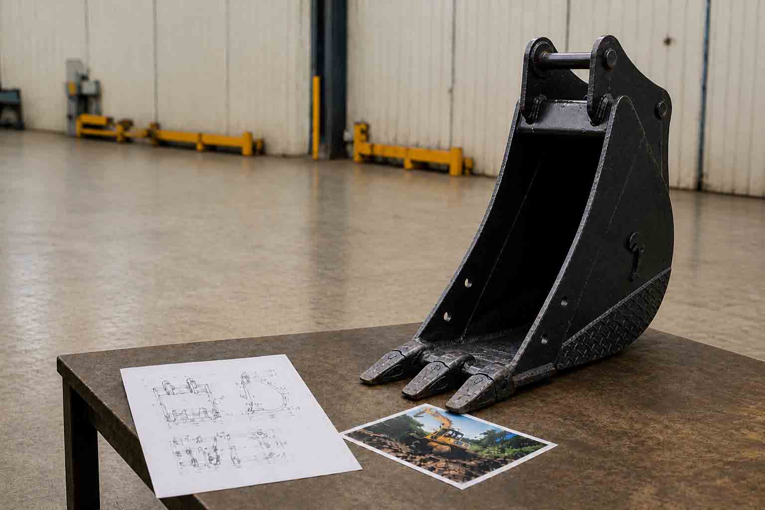 Worker reviewing excavator bucket with drawings or reference materials in a factory environment
