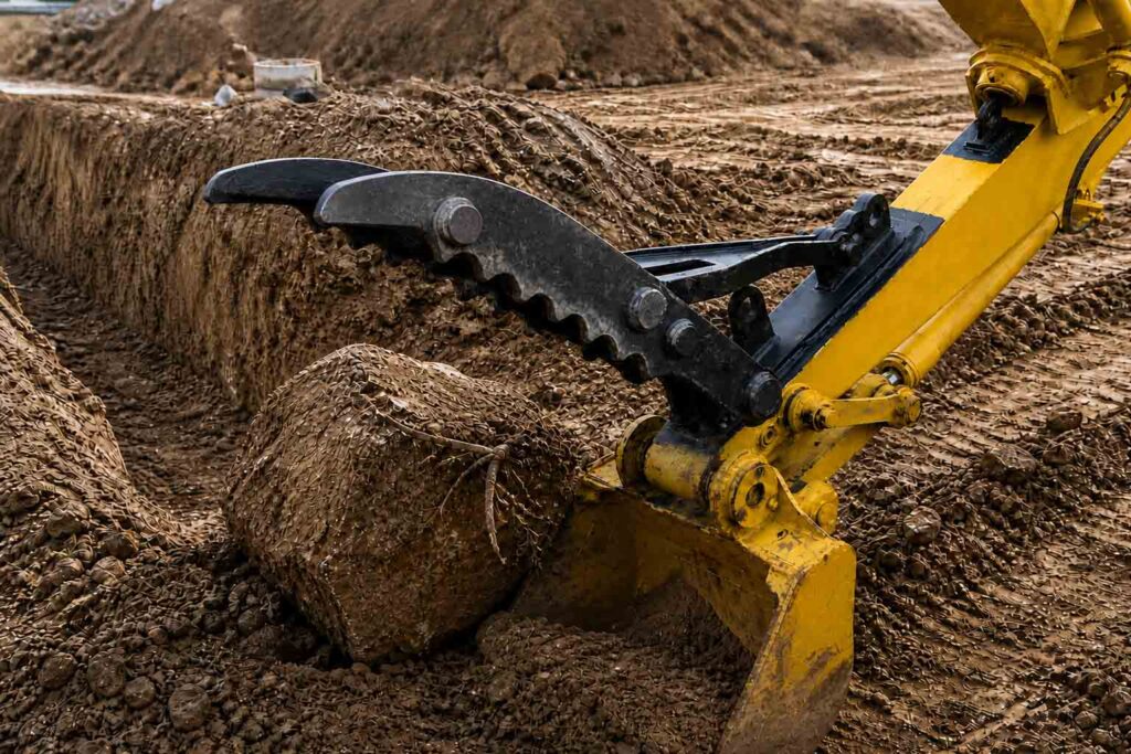 Mini excavator with mechanical thumb handling rocks, roots, branches, or debris