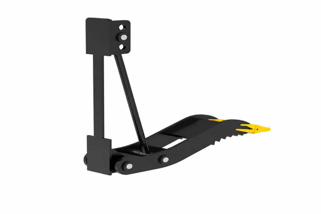 Side view of a mechanical thumb showing the arm and tooth profile