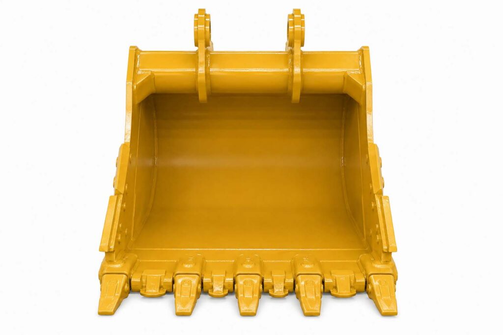 Front view of a heavy-duty excavator bucket with reinforced front edge and tooth layout