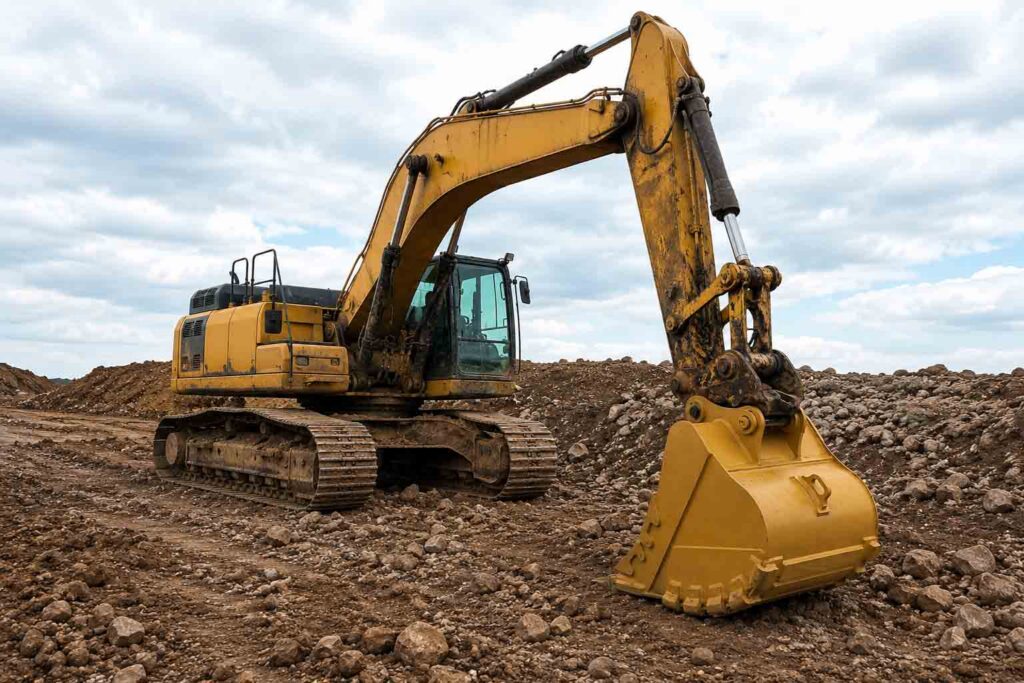 Heavy-duty excavator bucket installed on an excavator for fit check and digging work