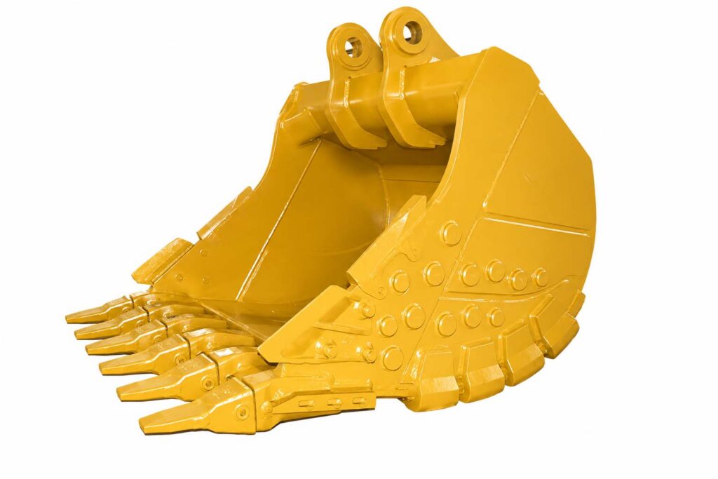 Side view of a heavy-duty excavator bucket showing shell depth, side plate shape, and wear areas