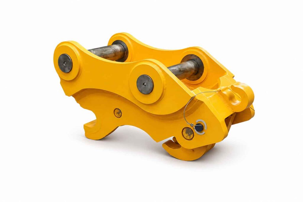 Side view of hydraulic quick coupler showing pin pickup fit for excavator attachments