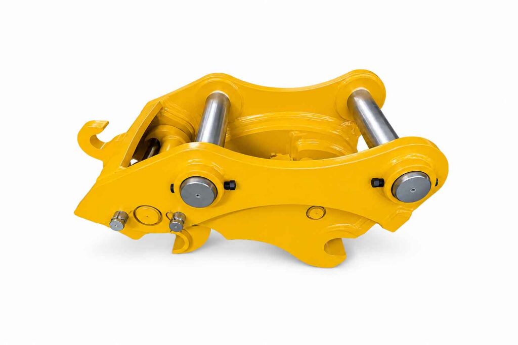 Top view of hydraulic quick coupler showing body width and pickup layout